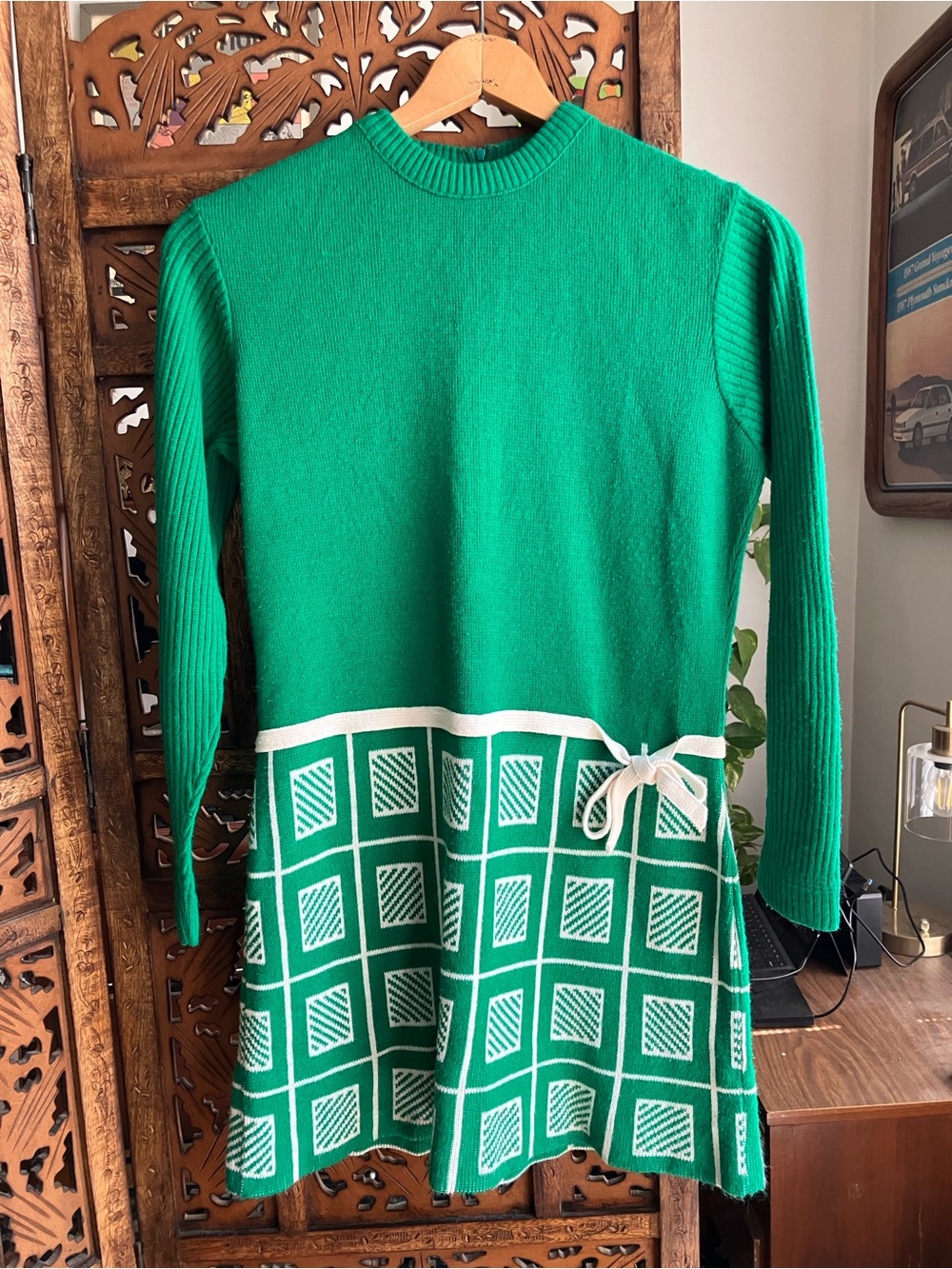 Vintage Sears mini sweater dress, bright green